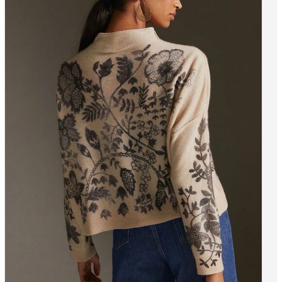 Anthropologie The Alani Cashmere Mock-neck Sweater Beige Floral Pilcro Small - Picture 14 of 16